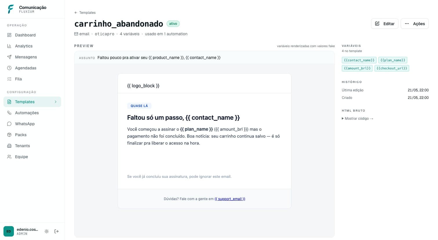Prévia de uma mensagem do Mails com as variáveis destacadas e o histórico de edição ao lado